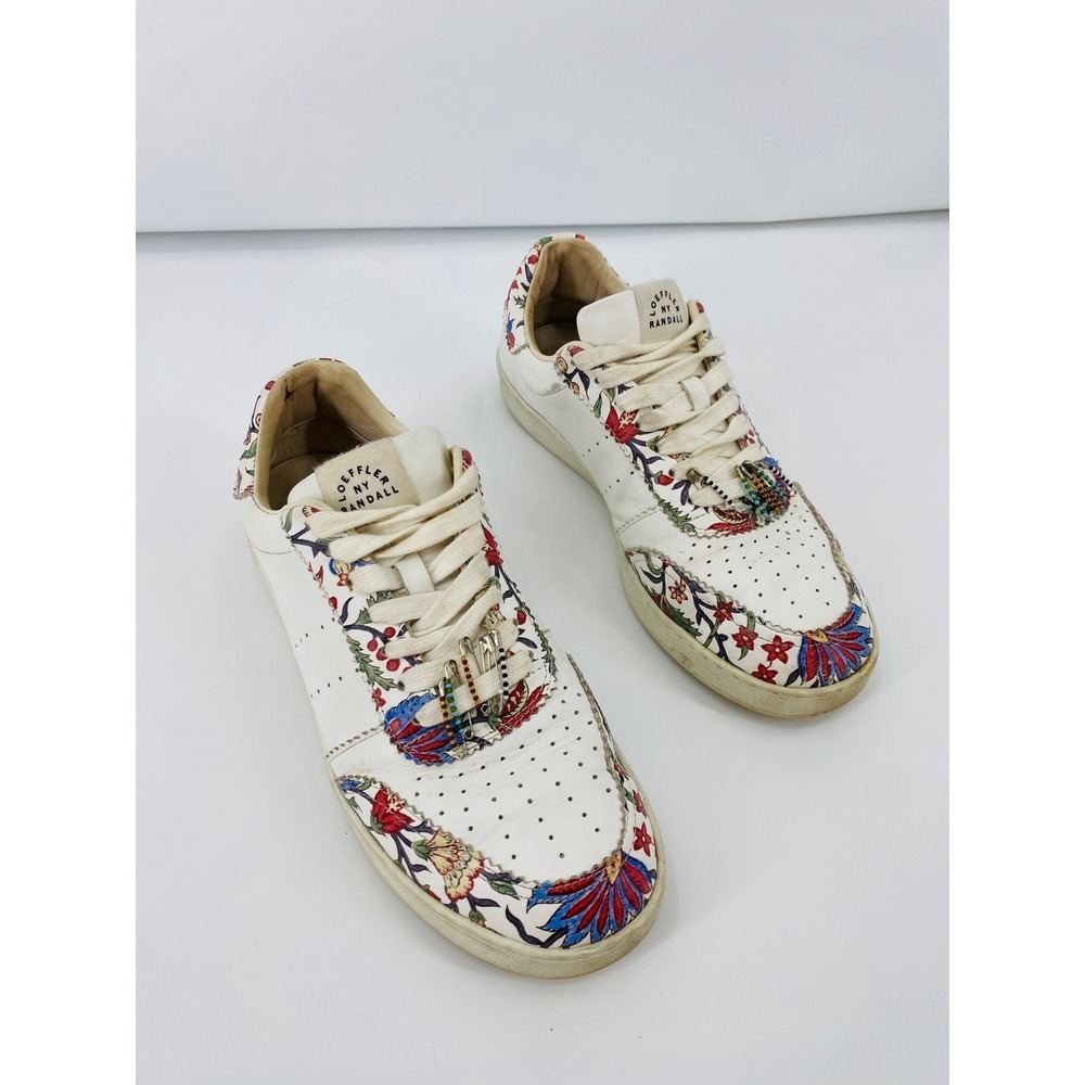 Loeffler Randall Sneaker Women 9 White Floral Leather Beaded Safety Pin